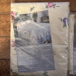 Vtg Floral Drapery Drape Panels (2) 81x84‎ & Poof Valance Yellow Blue Scalloped